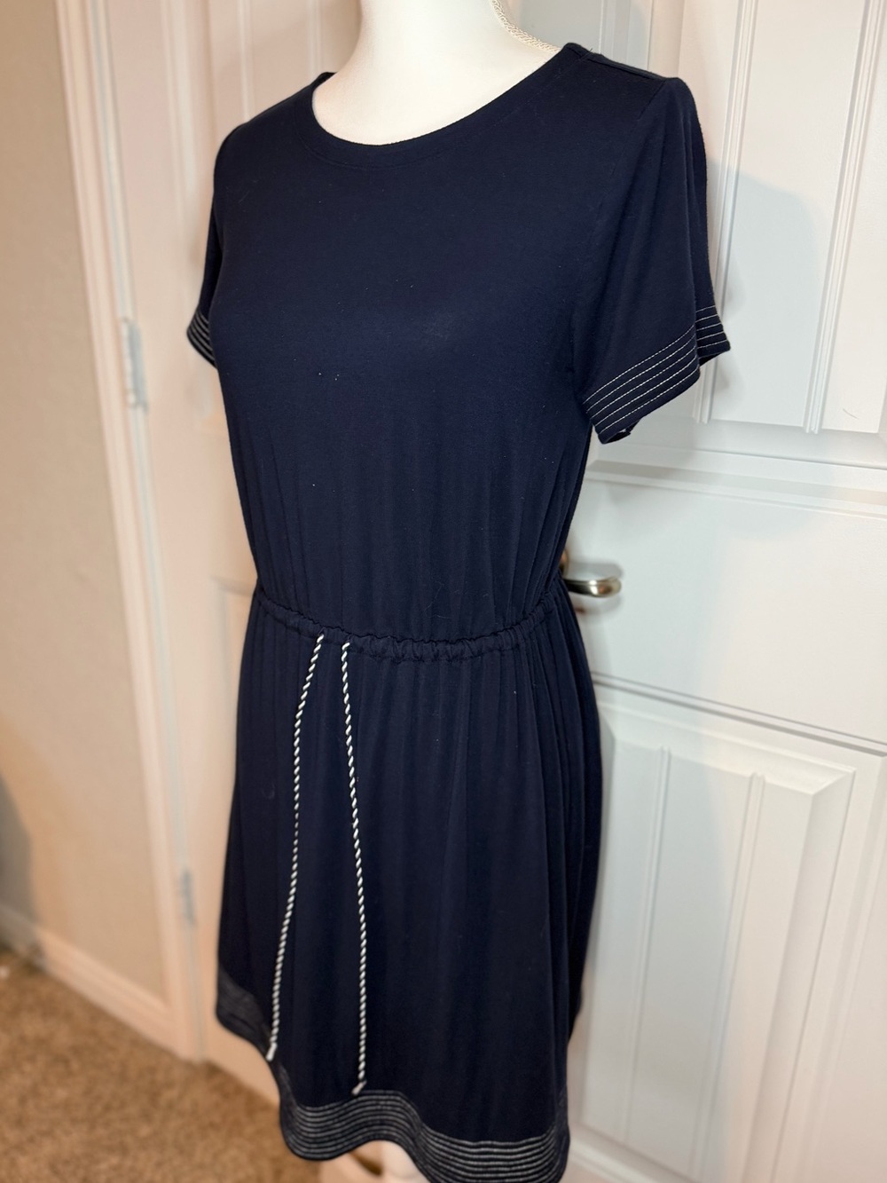 LOFT Navy Blue Knit Drawstring Dress XS Short Sleeve